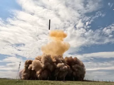 A test launch of Russia's Sarmat intercontinental ballistic missile at an unidentified location, in this still image taken from a video released on May 12, 2026. Russian Defence Ministry/Handout via REUTERS ATTENTION EDITORS - THIS IMAGE WAS PROVIDED BY A THIRD PARTY. NO RESALES. NO ARCHIVES. MANDATORY CREDIT.