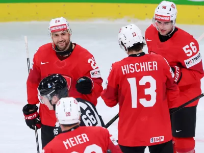 Ice Hockey - IIHF World Championships - Group A - Switzerland v Britain - Swiss Life Arena, Zurich, Switzerland - May 21, 2026 Switzerland's Nino Niederreiter celebrates scoring their fourth goal REUTERS/Denis Balibouse