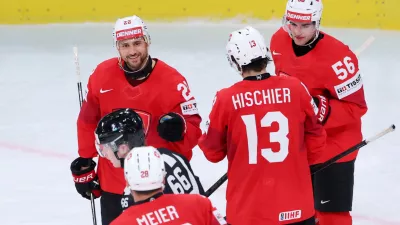 Ice Hockey - IIHF World Championships - Group A - Switzerland v Britain - Swiss Life Arena, Zurich, Switzerland - May 21, 2026 Switzerland's Nino Niederreiter celebrates scoring their fourth goal REUTERS/Denis Balibouse