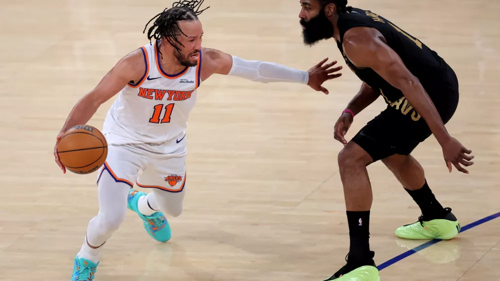 May 19, 2026; New York, New York, USA; New York Knicks guard Jalen Brunson (11) controls the ball against Cleveland Cavaliers guard James Harden (1) during the fourth quarter of game one of the eastern conference finals during the 2026 NBA playoffs at Madison Square Garden. Mandatory Credit: Brad Penner-Imagn Images