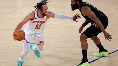 May 19, 2026; New York, New York, USA; New York Knicks guard Jalen Brunson (11) controls the ball against Cleveland Cavaliers guard James Harden (1) during the fourth quarter of game one of the eastern conference finals during the 2026 NBA playoffs at Madison Square Garden. Mandatory Credit: Brad Penner-Imagn Images