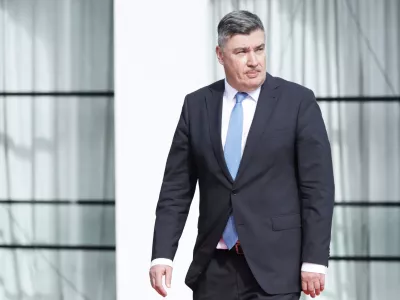FILE - Croatian President Zoran Milanovic arrives at the Brdo-Brijuni, Process Leaders' Meeting in Golem, Albania, 50 kilometers (30 miles) west of the capital, Tirana, Albania on Oct. 6, 2025.(AP Photo/Vlasov Sulaj, file)