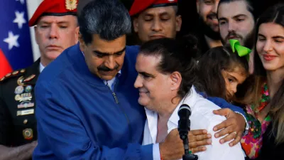 FILE PHOTO: Venezuelan President Nicolas Maduro embraces Alex Saab, who was facing U.S. bribery charges, after he was released by the U.S. government, at the Miraflores Palace, in Caracas, Venezuela, December 20, 2023. REUTERS/Leonardo Fernandez Viloria/File Photo