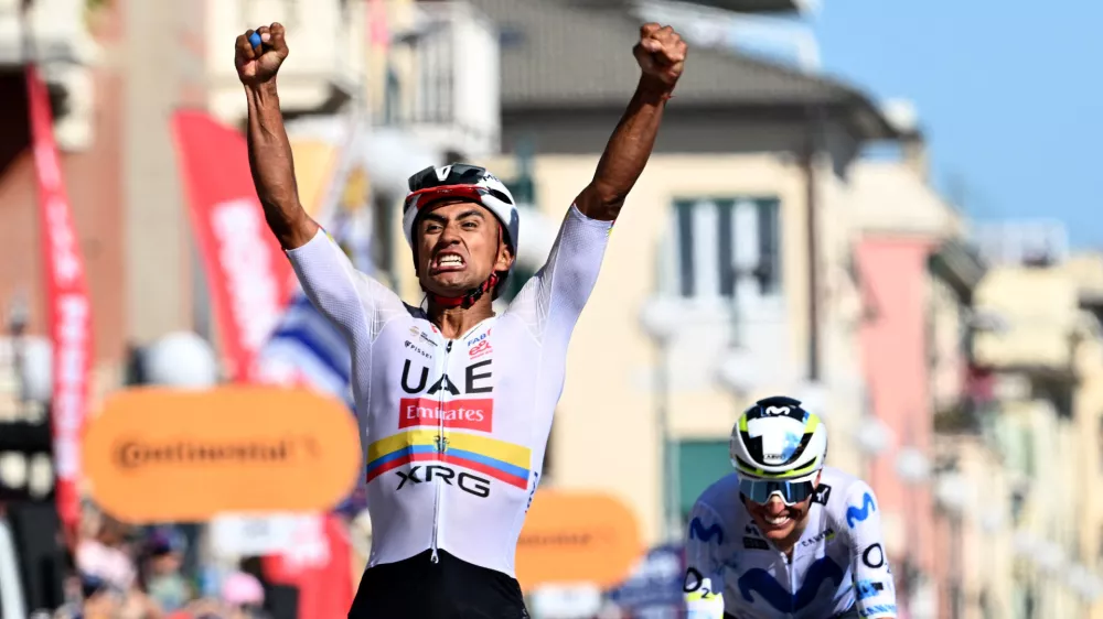 Cycling - Giro d'Italia - Stage 11 - Porcari to Chiavari - Italy - May 20, 2026 UAE Team Emirates - XRG's Jhonatan Narvaez celebrates winning stage 11 REUTERS/Jennifer Lorenzini