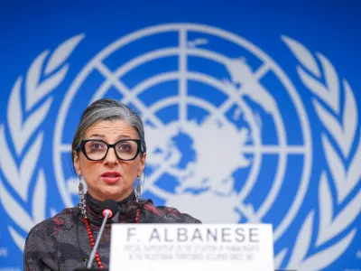 FILE PHOTO: Francesca Albanese, UN special rapporteur on human rights in the Palestinian territories, attends a news conference during the Human Rights Council at the United Nations in Geneva, Switzerland, March 24, 2026. REUTERS/Denis Balibouse/File Photo