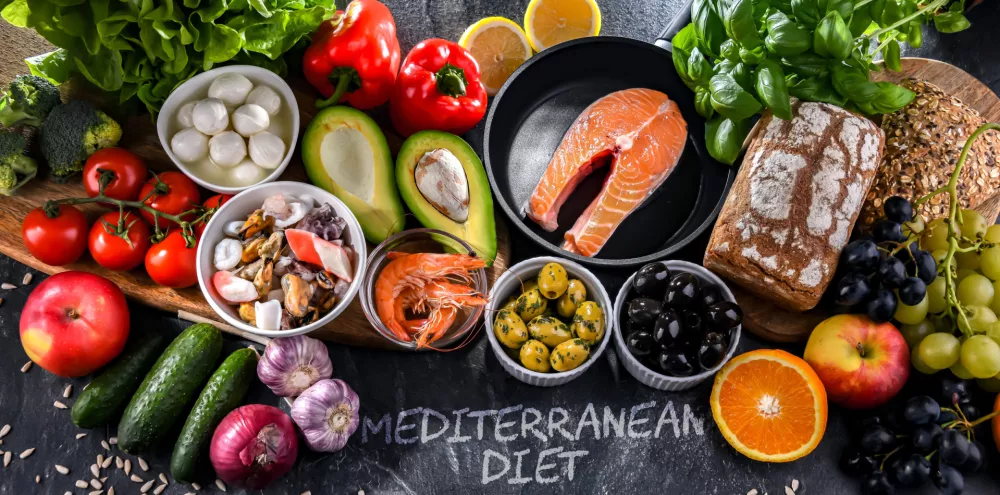 Food products representing the Mediterranean diet which may improve overall health status