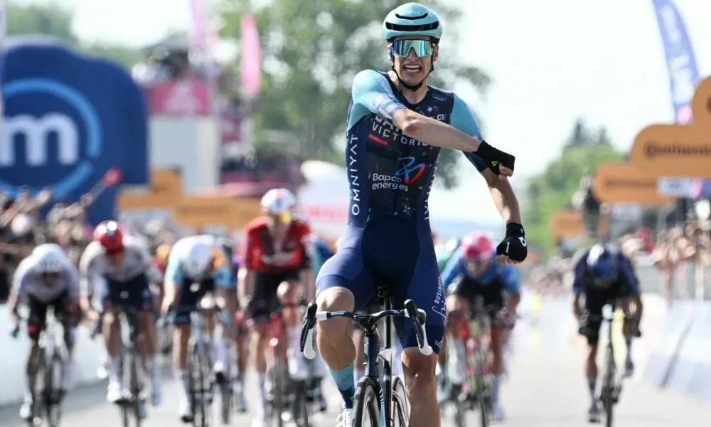 Cycling - Giro d'Italia - Stage 12 - Imperia to Novi Ligure - Italy - May 21, 2026 Bahrain - Victorious' Alec Segaert celebrates winning stage 12 REUTERS/Jennifer Lorenzini