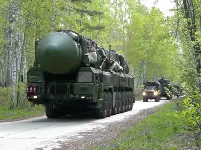 Russia's mobile strategic missile system unit drives during a nuclear forces exercise at an unidentified location in Russia, in this still image taken from handout footage released on May 21, 2026. Russian Defence Ministry/Handout via REUTERS ATTENTION EDITORS - THIS IMAGE WAS PROVIDED BY A THIRD PARTY. NO RESALES. NO ARCHIVES. MANDATORY CREDIT.