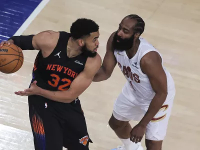 May 21, 2026; New York, New York, USA; New York Knicks center Karl-Anthony Towns (32) controls the ball against Cleveland Cavaliers guard James Harden (1) during the third quarter of game two of the eastern conference finals during the 2026 NBA at Madison Square Garden. Mandatory Credit: Brad Penner-Imagn Images