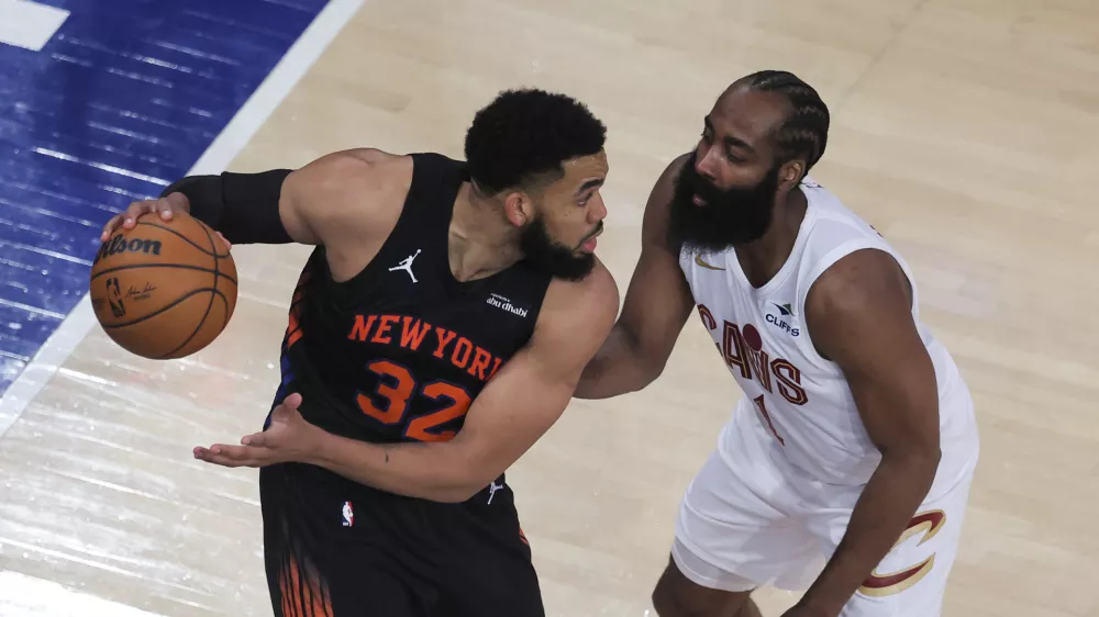 May 21, 2026; New York, New York, USA; New York Knicks center Karl-Anthony Towns (32) controls the ball against Cleveland Cavaliers guard James Harden (1) during the third quarter of game two of the eastern conference finals during the 2026 NBA at Madison Square Garden. Mandatory Credit: Brad Penner-Imagn Images