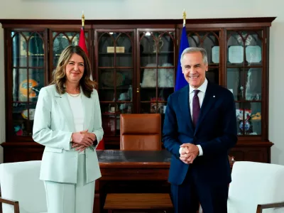 FILE - Prime Minister Mark Carney, right, meets with Premier of Alberta Danielle Smith at his office in Ottawa on Friday, May 8, 2026. (Sean Kilpatrick/The Canadian Press via AP, File)