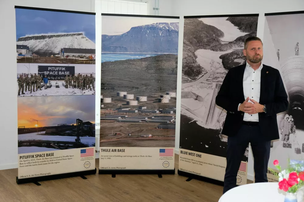 Photos of the present and former U.S. military bases in Greenland at the opening of a new U.S. consulate in Nuuk, Greenland, May 21, 2026. REUTERS/Tim Barsoe