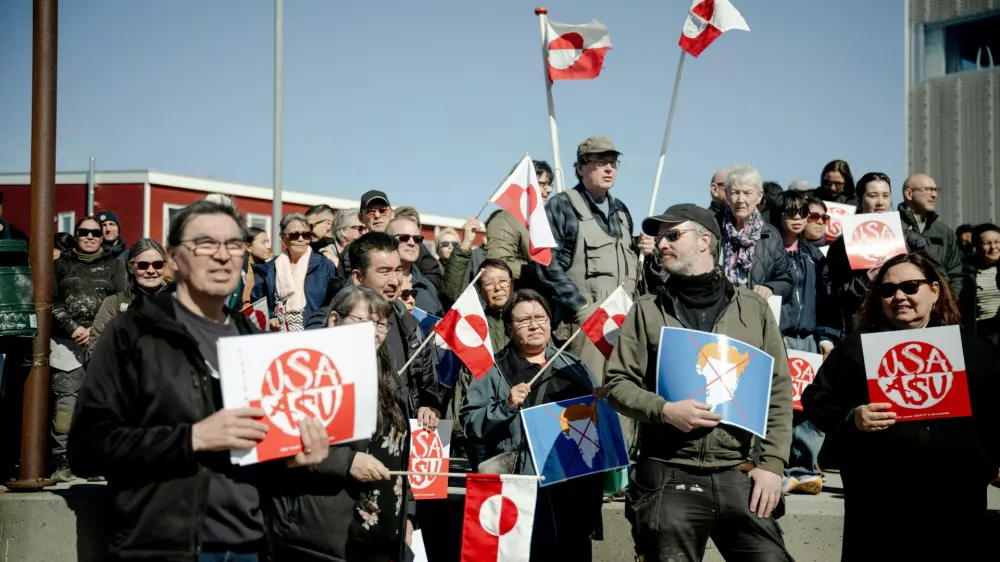 People protest the new U.S. consulate in Nuuk, Greenland, Thursday, May 21, 2026. (Oscar Scott Carl/Ritzau Scanpix via AP)