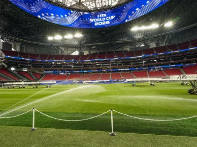 May 21, 2026; Atlanta, Georgia, USA; General view of the new grass pitch installed in Atlanta Stadium during an event to showcase the preparations for the 2026 FIFA World Cup at Atlanta Stadium. Mandatory Credit: Dale Zanine-Imagn Images