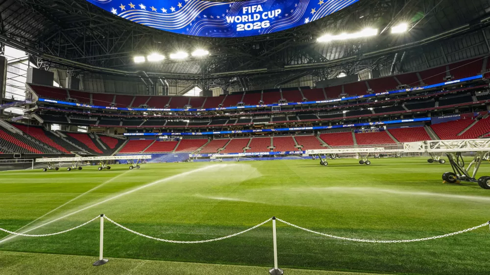 May 21, 2026; Atlanta, Georgia, USA; General view of the new grass pitch installed in Atlanta Stadium during an event to showcase the preparations for the 2026 FIFA World Cup at Atlanta Stadium. Mandatory Credit: Dale Zanine-Imagn Images