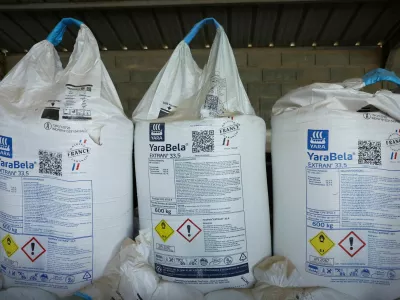 Bags of YaraBela's nitrogen fertilizers white pellets are seen in a French farmer's barn in Arville, France, May 7, 2026. REUTERS/Alice Sacco