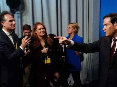 United States Secretary of State Marco Rubio speaks with journalists during a meeting of NATO foreign ministers in Helsingborg, Sweden, Friday, May 22, 2026. (AP Photo/Julia Demaree Nikhinson, Pool)