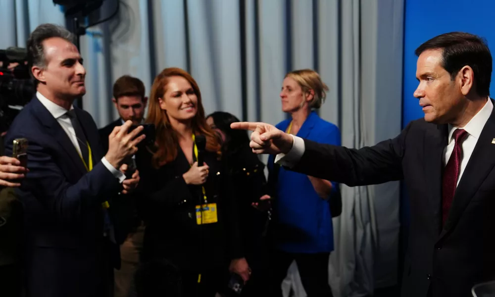 United States Secretary of State Marco Rubio speaks with journalists during a meeting of NATO foreign ministers in Helsingborg, Sweden, Friday, May 22, 2026. (AP Photo/Julia Demaree Nikhinson, Pool)