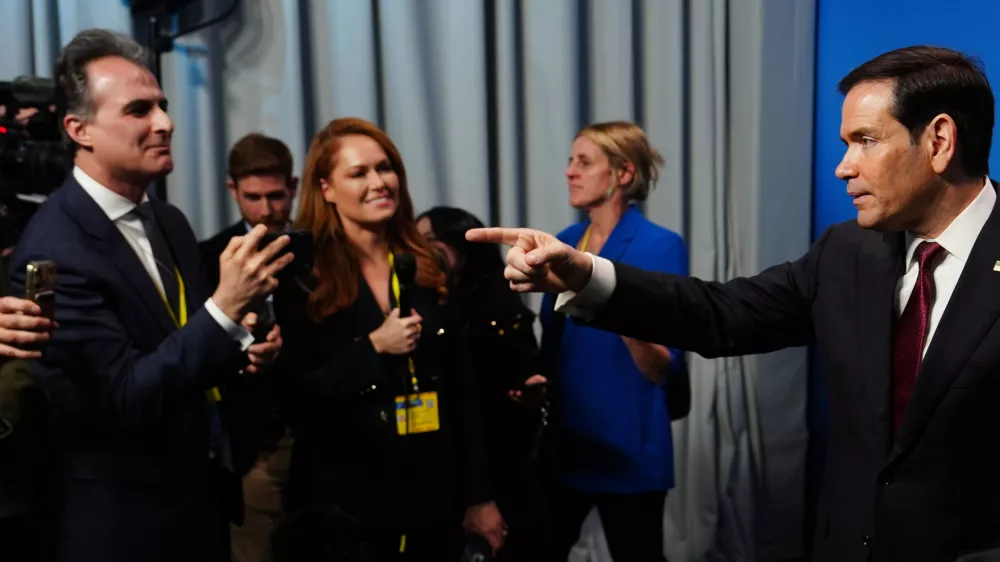 United States Secretary of State Marco Rubio speaks with journalists during a meeting of NATO foreign ministers in Helsingborg, Sweden, Friday, May 22, 2026. (AP Photo/Julia Demaree Nikhinson, Pool)