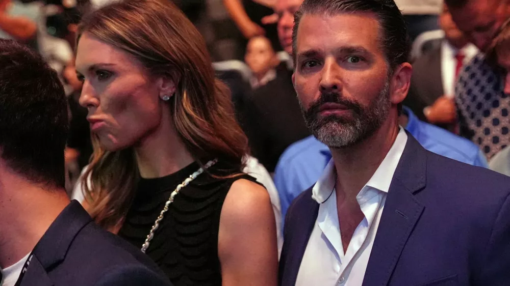 FILE PHOTO: Donald Trump Jr. and Bettina Anderson attend UFC 327 at Kaseya Center in Miami, Florida, U.S., April 11, 2026. Julia Demaree Nikhinson/Pool via REUTERS/File Photo