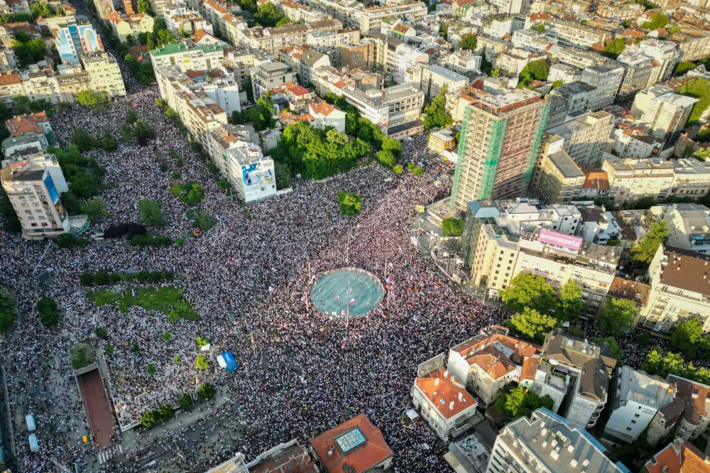 A drone view of demonstrators attending a student-led protest demanding snap parliamentary elections, as Serbia's anti-corruption movement enters a new phase, following the Novi Sad railway station canopy collapse that killed 16 people in 2024, in Belgrade, Serbia, May 23, 2026. REUTERS/Uros Arsic