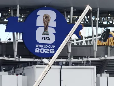 MIAMI, FLORIDA - MAY 22: The FIFA World Cup 2026 logo is seen covering the Hard Rock Stadium signage on the exterior of the stadium at Miami Stadium on May 22, 2026 in Miami, Florida. Leonardo Fernandez,Image: 1104362376, License: Rights-managed, Restrictions:, Model Release: no 