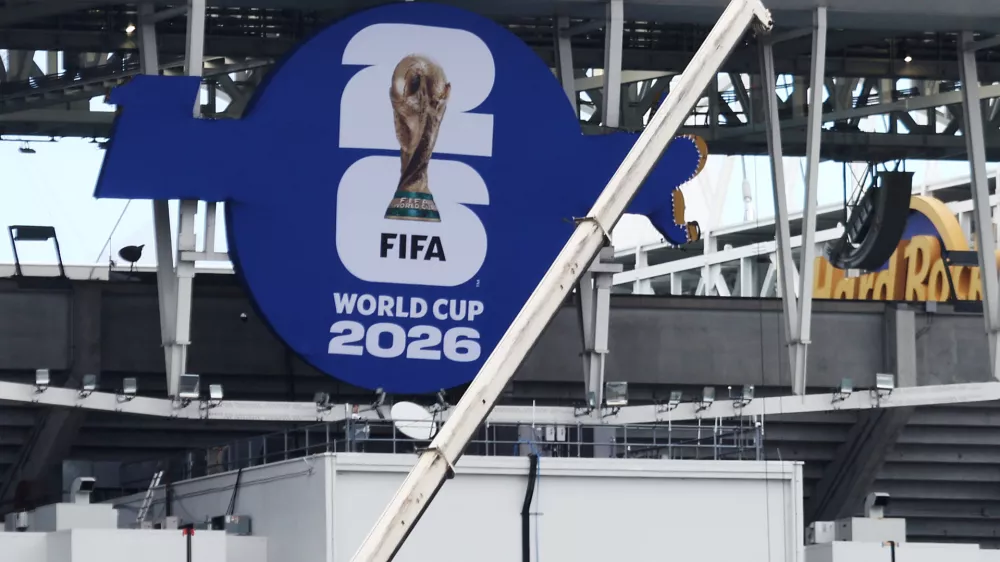MIAMI, FLORIDA - MAY 22: The FIFA World Cup 2026 logo is seen covering the Hard Rock Stadium signage on the exterior of the stadium at Miami Stadium on May 22, 2026 in Miami, Florida. Leonardo Fernandez,Image: 1104362376, License: Rights-managed, Restrictions:, Model Release: no 