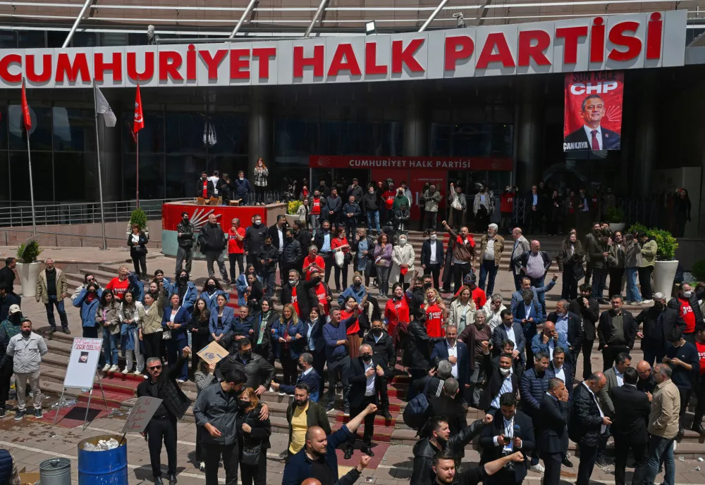 Supporters of Turkey's main opposition Republican People's Party (CHP) gather at the party's headquarters in Ankara, Sunday, May 24, 2026. (AP Photo/Ali Unal)