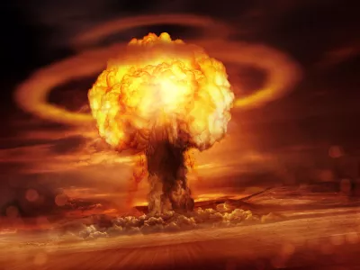 A nuclear bomb explosion causing shock waves. Mixed media illustration.