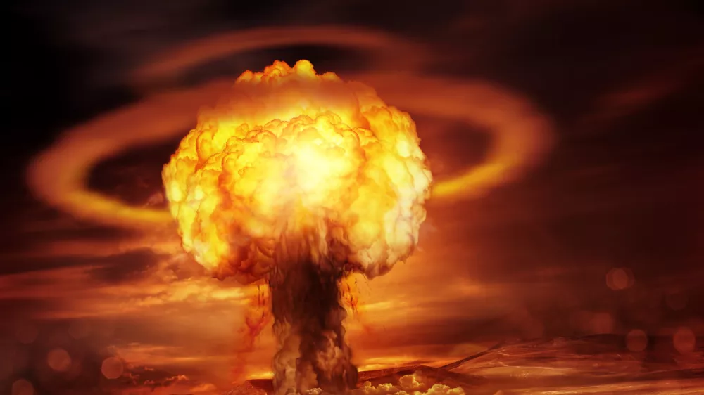 A nuclear bomb explosion causing shock waves. Mixed media illustration.