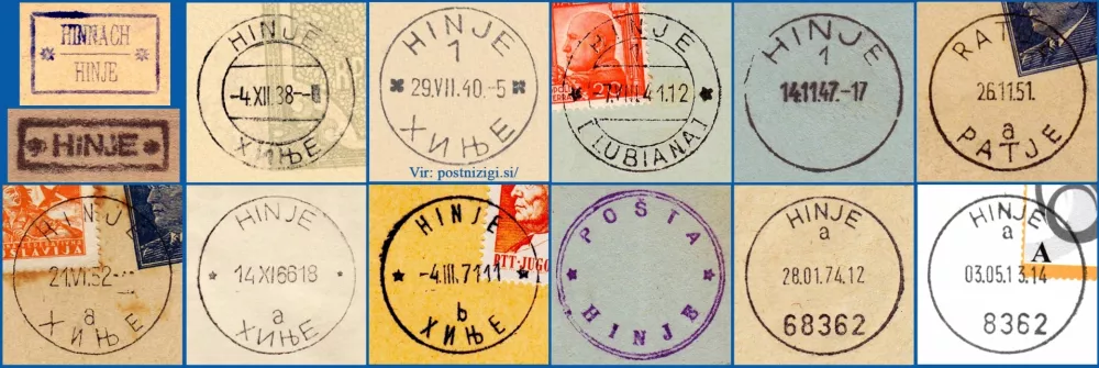 Pregled odtisov po&scaron;tnih žigov po&scaron;te Hinje, edinstven je odtis po&scaron;te Ratje iz leta 1951.