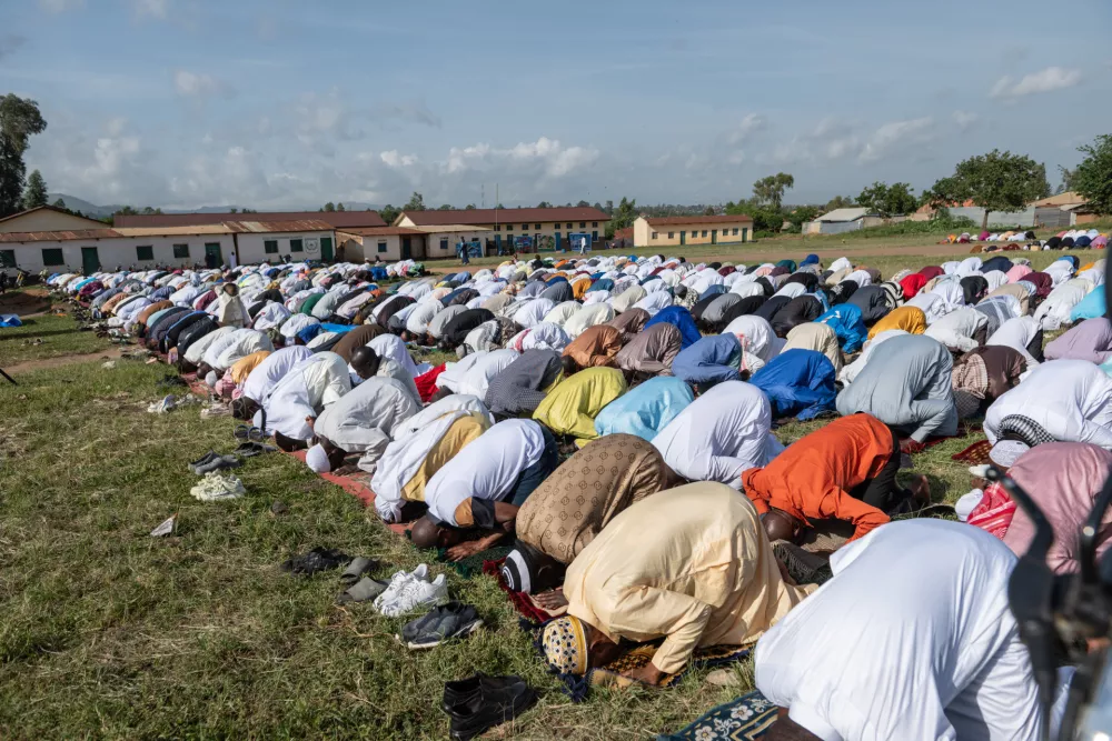 Muslims perform prayers at Sayo Muhamed School during the Eid al-Adha celebration amid an Ebola outbreak in Bunia, Congo, Wednesday, May 27, 2026. (AP Photo/Moses Sawasawa)
