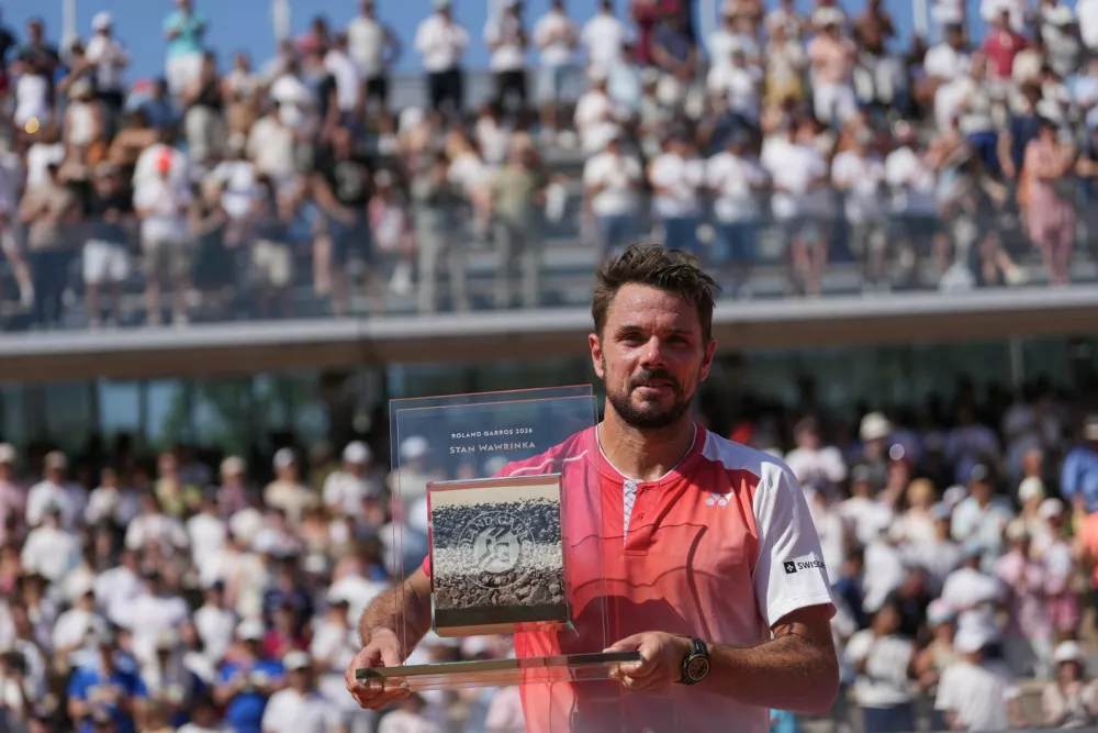 Stan Wawrinka of Switzerland poses for a picture after the first round men's singles tennis match against Jesper De Jong of the Netherlands at the French Open tennis tournament in Paris, Monday, May 25, 2026. (AP Photo/Thibault Camus)