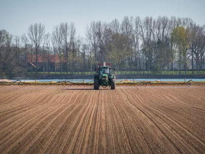 A tractor driving in the middle of arable land against trees and blue sky