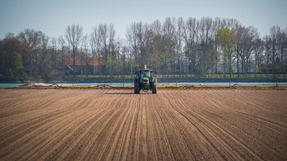 A tractor driving in the middle of arable land against trees and blue sky