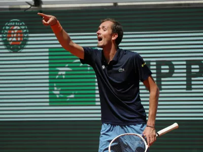 Daniil Medvedev of Russia reacts as he plays against Adam Walton of Australia during their first round men's singles tennis match at the French Open tennis tournament in Paris, Tuesday, May 26, 2026. (AP Photo/Aurelien Morissard)