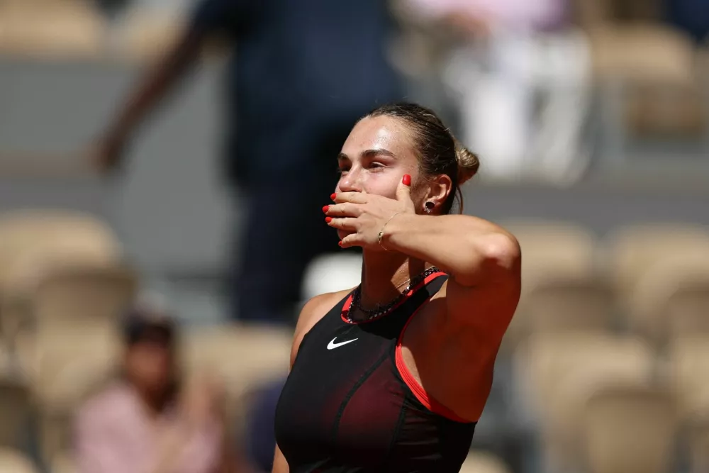 Tennis - French Open - Roland Garros, Paris, France - May 26, 2026 Belarus' Aryna Sabalenka celebrates after winning her first round match against Spains's Jessica Bouzas Maneiro REUTERS/Stephane Mahe