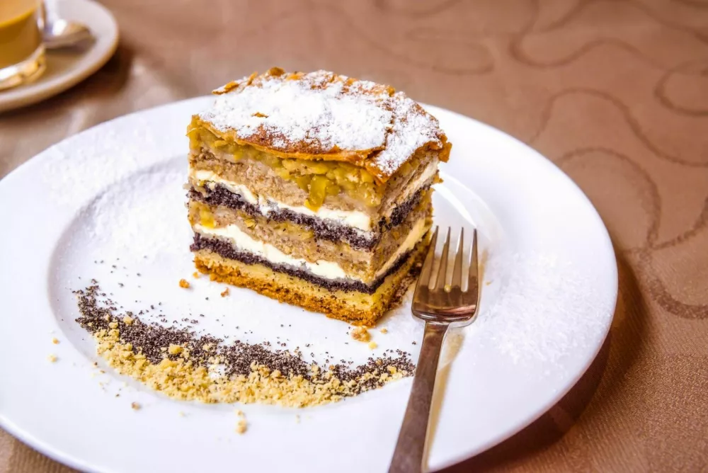 Exquisite sweet dessert, a traditional cake from Prekmurje with poppy seeds, nuts, cottage cheese and apple layers, called Prekmurska gibanica. / Foto: Say-cheese