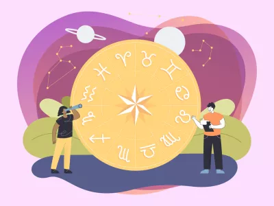 Tiny people, set of zodiac signs and star constellations with planets in sky. Male and female characters casting horoscope learning from nature flat vector illustration. Astronomy concept / Foto: Bro Vector Getty Images