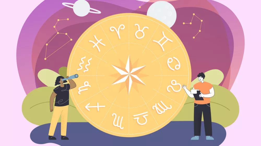 Tiny people, set of zodiac signs and star constellations with planets in sky. Male and female characters casting horoscope learning from nature flat vector illustration. Astronomy concept / Foto: Bro Vector Getty Images