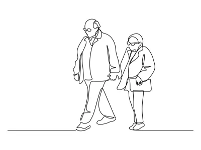 Elderly couple in continuous line art drawing style. Senior man and woman walking together holding hands. Minimalist black linear sketch isolated on white background. Vector illustration / Foto: Tetiana Garkusha Getty Images