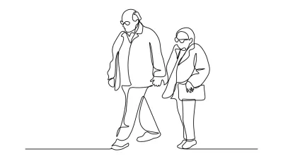 Elderly couple in continuous line art drawing style. Senior man and woman walking together holding hands. Minimalist black linear sketch isolated on white background. Vector illustration / Foto: Tetiana Garkusha Getty Images