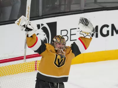 May 26, 2026; Las Vegas, Nevada, USA; Vegas Golden Knights goaltender Carter Hart (79) celebrates winning the Western Conference playoffs against the Colorado Avalanche in game four of the Western Conference Final of the 2026 Stanley Cup Playoffs at T-Mobile Arena. Mandatory Credit: Stephen R. Sylvanie-Imagn Images