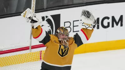May 26, 2026; Las Vegas, Nevada, USA; Vegas Golden Knights goaltender Carter Hart (79) celebrates winning the Western Conference playoffs against the Colorado Avalanche in game four of the Western Conference Final of the 2026 Stanley Cup Playoffs at T-Mobile Arena. Mandatory Credit: Stephen R. Sylvanie-Imagn Images