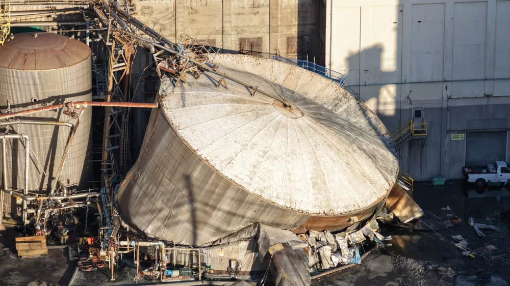 Damage is seen at Nippon Dynawave Packaging Co., after a tank containing hazardous liquid imploded, on Tuesday, May 26, 2026, in Longview, Wash. (Karen Ducey/The Seattle Times via AP)