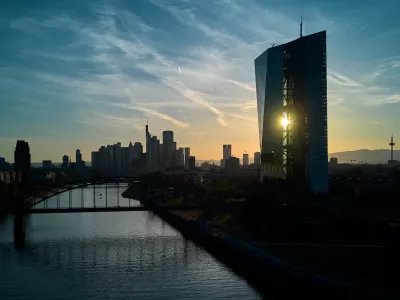 The sun shines through the European Central Bank building in Frankfurt, Germany, Monday, May 25, 2026. (AP Photo/Michael Probst)