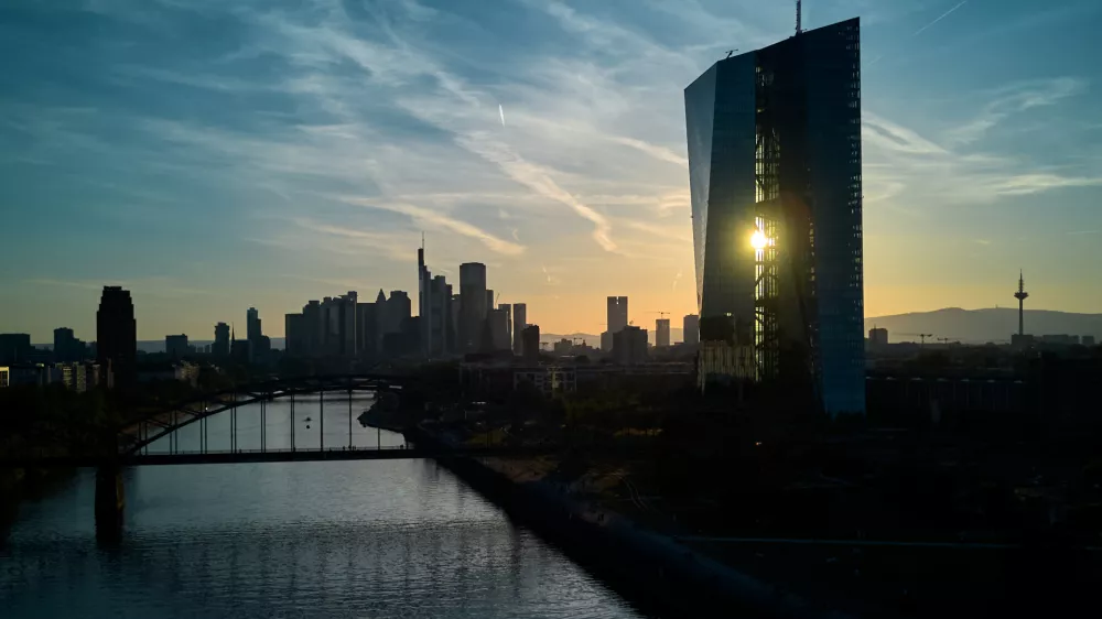 The sun shines through the European Central Bank building in Frankfurt, Germany, Monday, May 25, 2026. (AP Photo/Michael Probst)