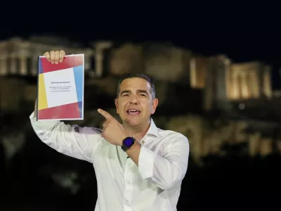 Greece's former Prime Minister Alexis Tsipras holds the founding declaration, during the official announcement of his new political party, ahead of the 2027 parliamentary elections, in Athens, Greece, May 26, 2026. REUTERS/Louisa Gouliamaki