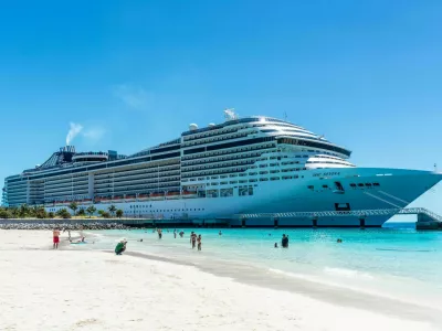 Ocean Cay MSC Marine Reserve, The Bahamas - April 6, 2024: Cruise Ship MSC Divina is docked on the tropical island of Ocean Cay MSC Marine Reserve, The Bahamas.