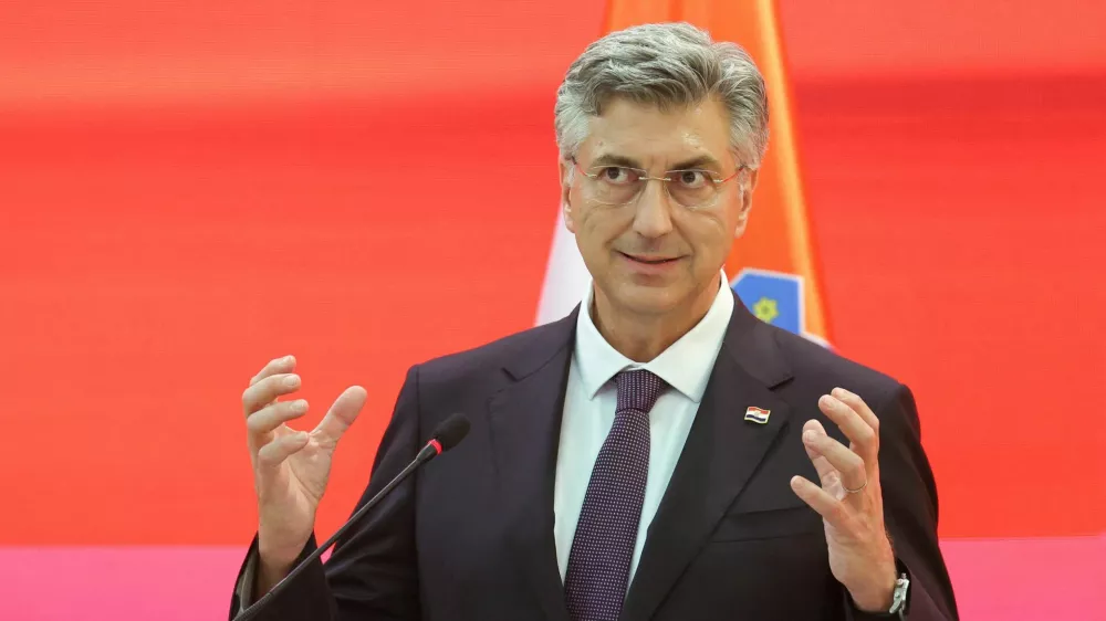 Croatian Prime Minister Andrej Plenkovic speaks during a press conference with Prime Minister of North Macedonia, Hristijan Mickoski (not pictured), in Ohrid, North Macedonia, May 26, 2026. REUTERS/Ognen Teofilovski